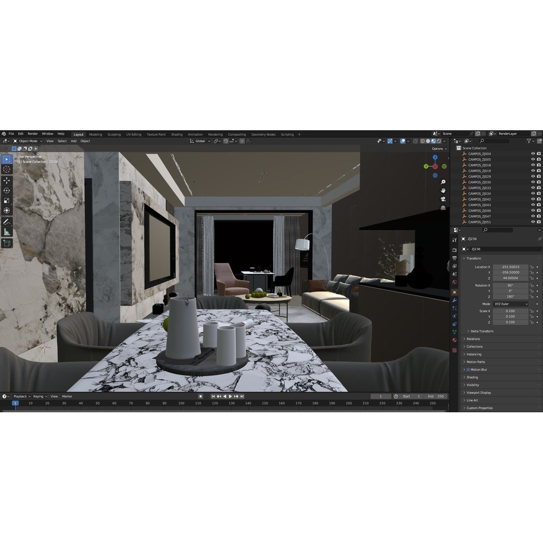 Nighttime Apartment Interior 3D Model – Luxurious Living Room, FBX, OBJ