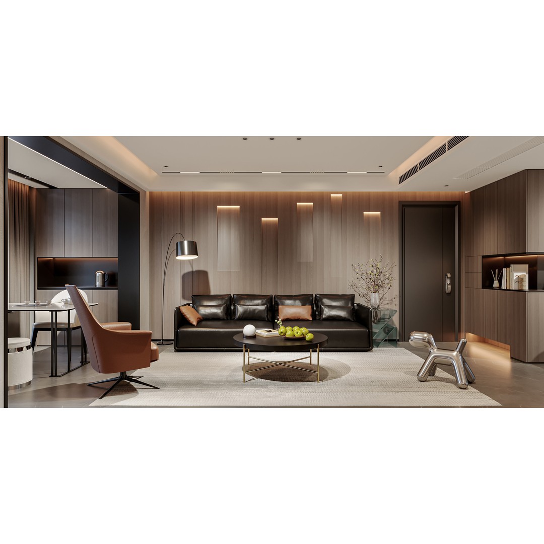 Nighttime Apartment Interior 3D Model – Luxurious Living Room, FBX, OBJ - View 3