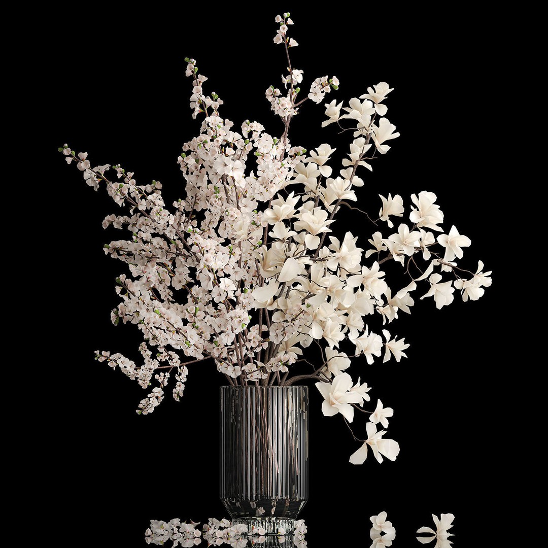 Sakura Bouquet 3D Model – White Cherry Blossoms in Glass Vase - View 11