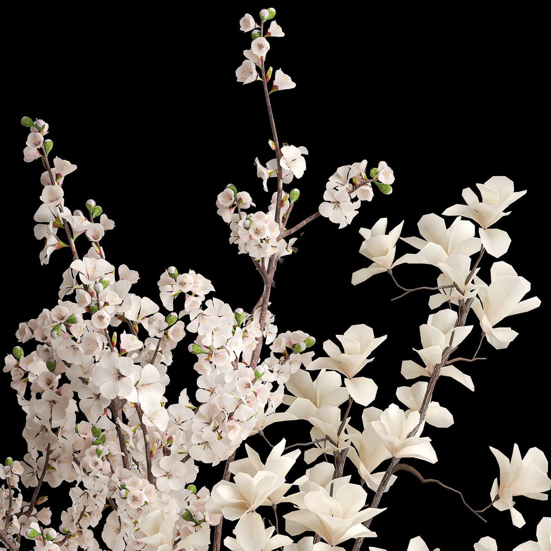 Sakura Bouquet 3D Model – White Cherry Blossoms in Glass Vase - View 12