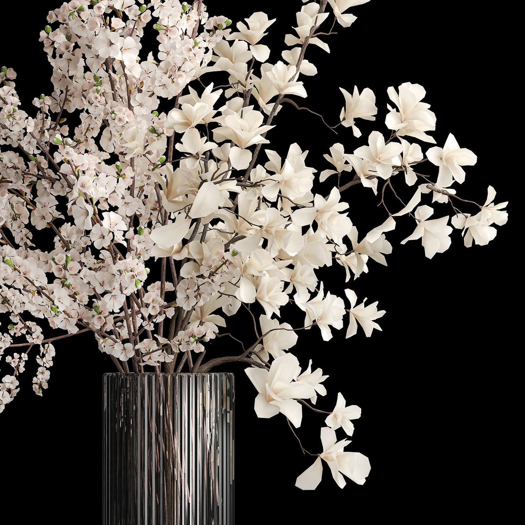Sakura Bouquet 3D Model – White Cherry Blossoms in Glass Vase - View 13