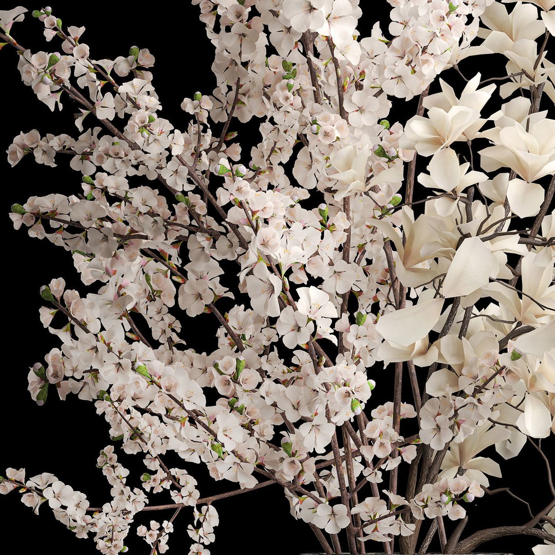 Sakura Bouquet 3D Model – White Cherry Blossoms in Glass Vase - View 14