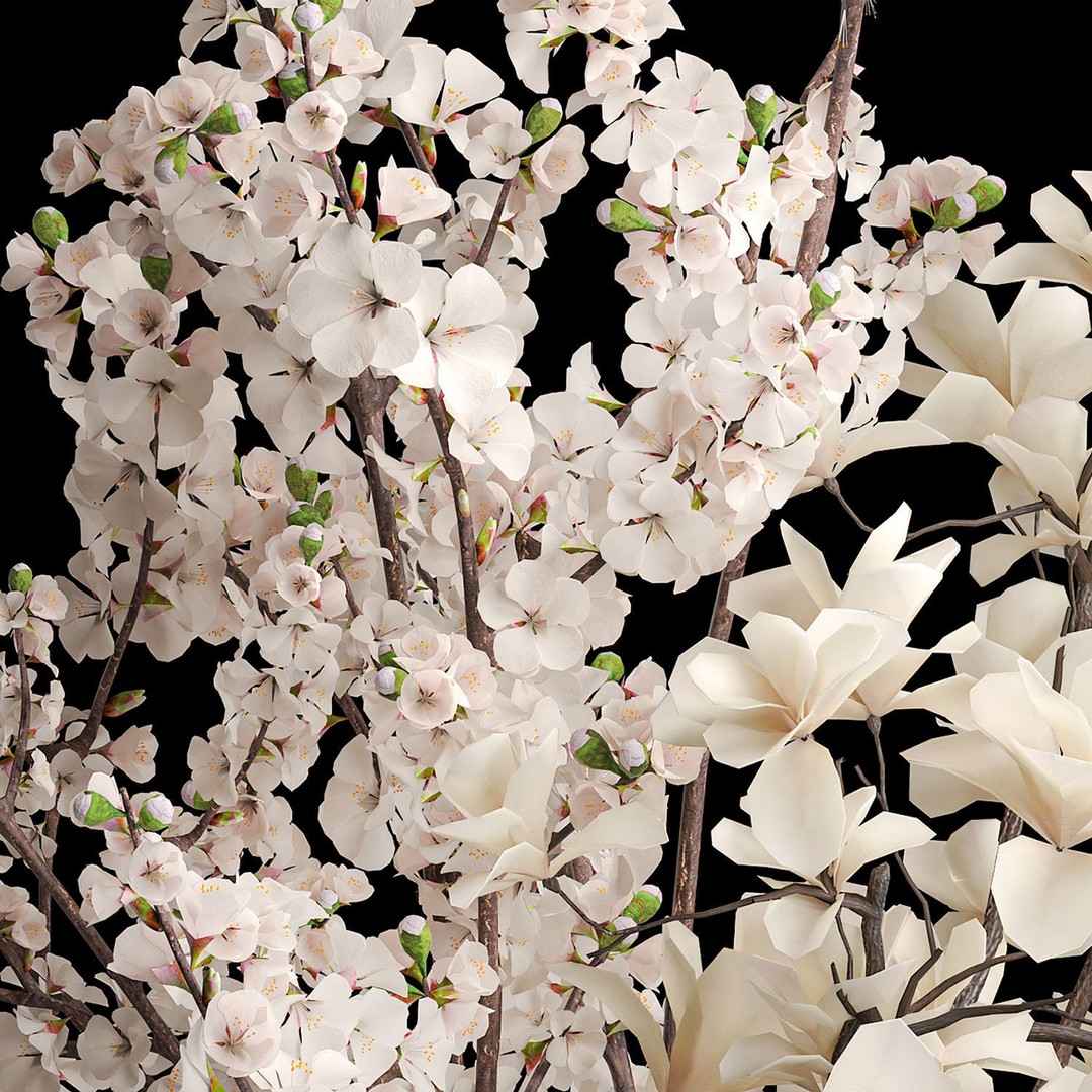 Sakura Bouquet 3D Model – White Cherry Blossoms in Glass Vase - View 15