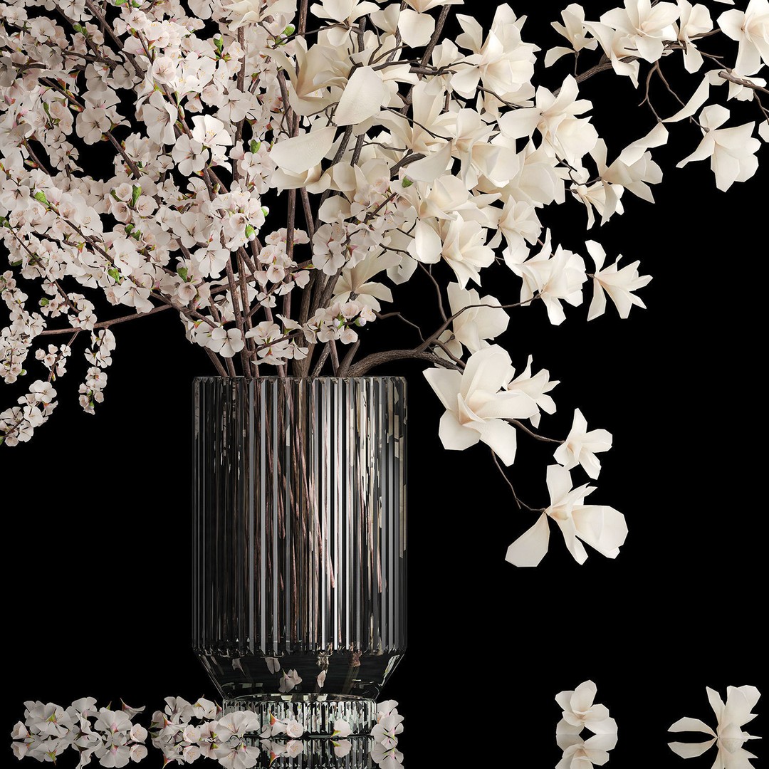 Sakura Bouquet 3D Model – White Cherry Blossoms in Glass Vase - View 16