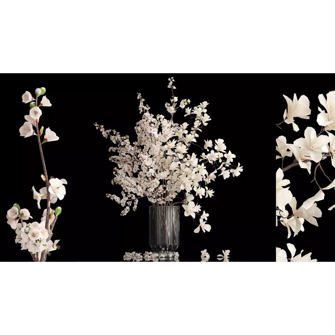 Sakura Bouquet 3D Model – White Cherry Blossoms in Glass Vase - View 2