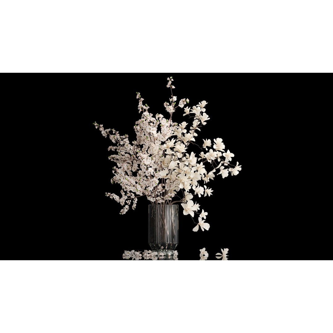 Sakura Bouquet 3D Model – White Cherry Blossoms in Glass Vase - View 3