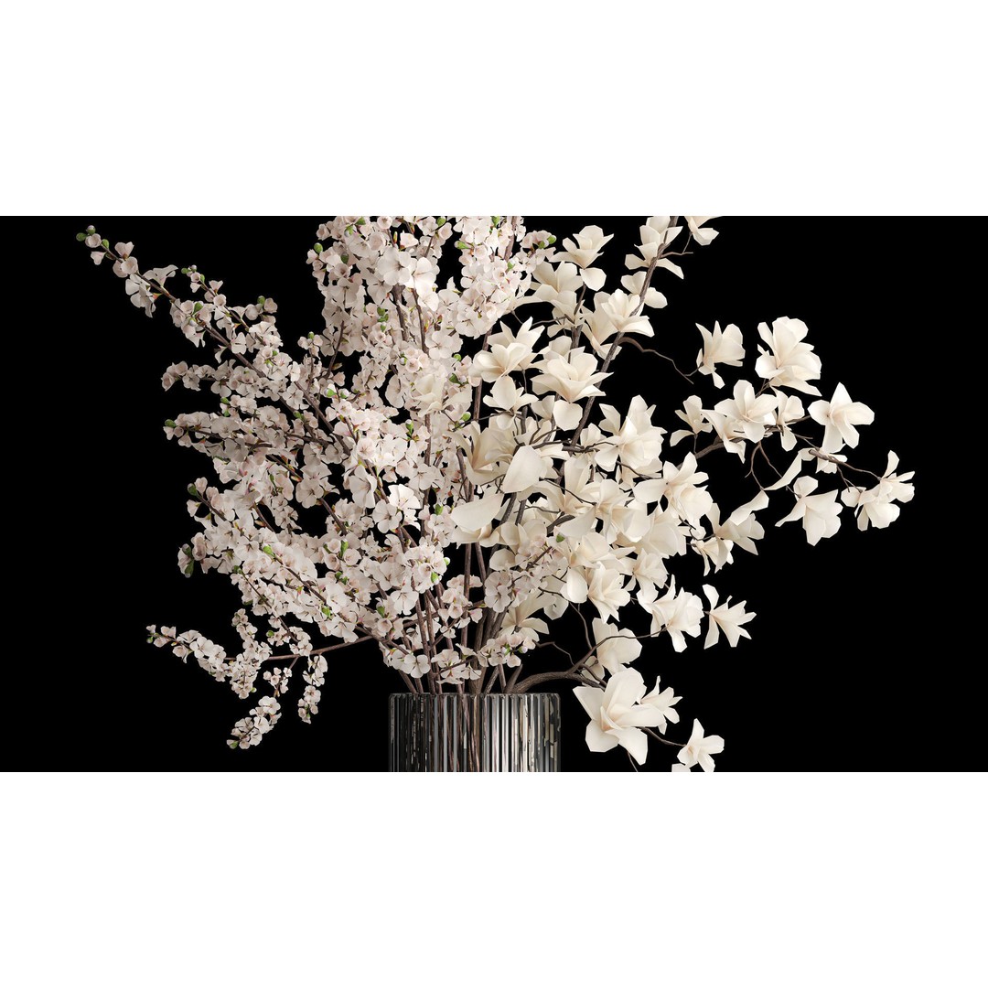 Sakura Bouquet 3D Model – White Cherry Blossoms in Glass Vase - View 7