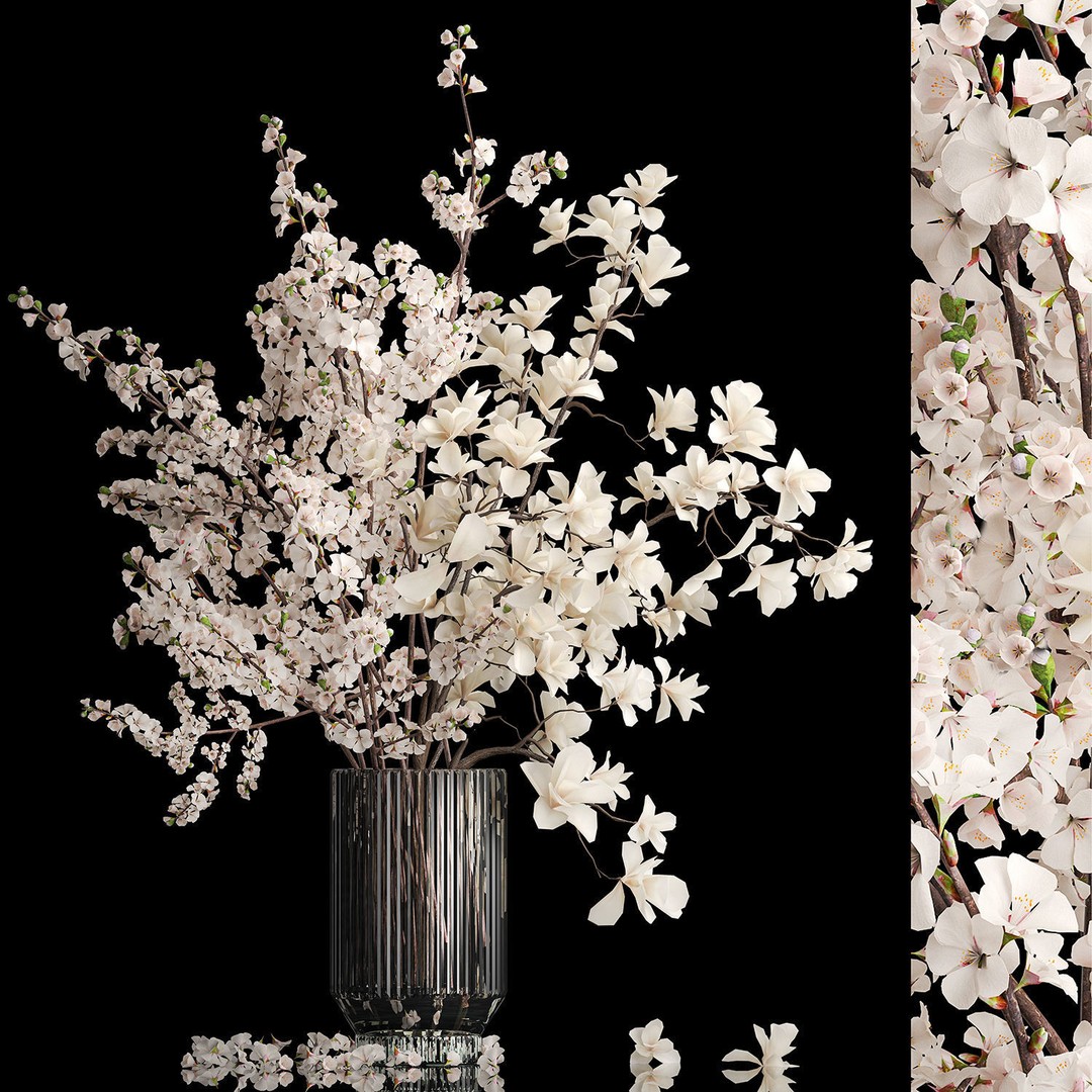 Sakura Bouquet 3D Model – White Cherry Blossoms in Glass Vase - View 9