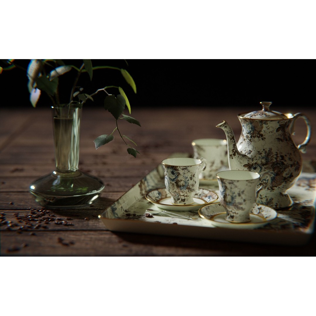 Tea Set 3D Model – High Poly Tableware Scene, Blender, FBX, OBJ - View 10