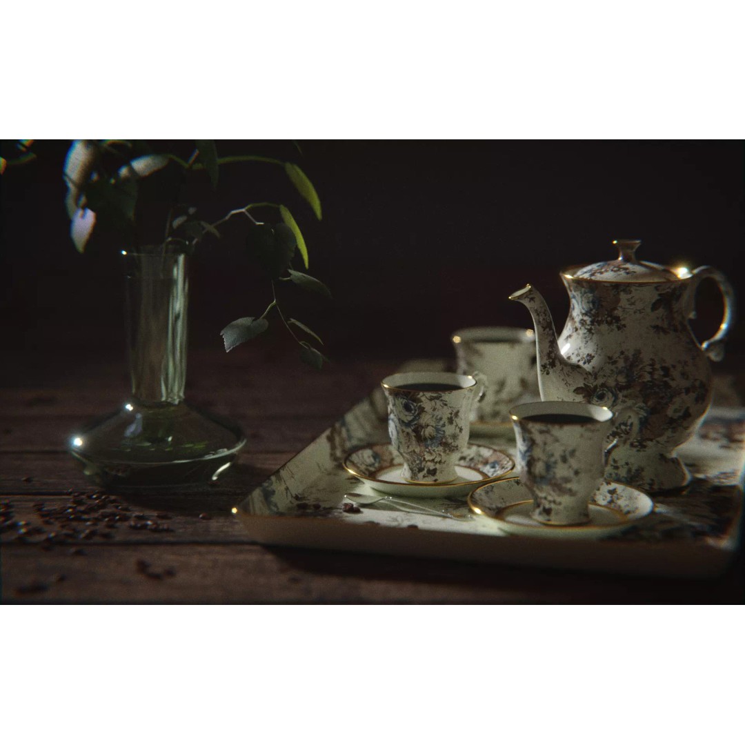 Tea Set 3D Model – High Poly Tableware Scene, Blender, FBX, OBJ - View 2