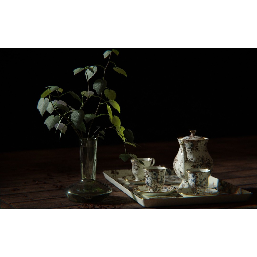 Tea Set 3D Model – High Poly Tableware Scene, Blender, FBX, OBJ - View 3