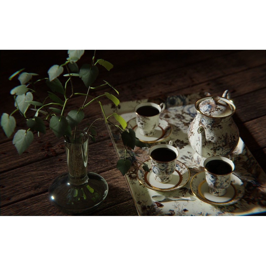 Tea Set 3D Model – High Poly Tableware Scene, Blender, FBX, OBJ - View 4