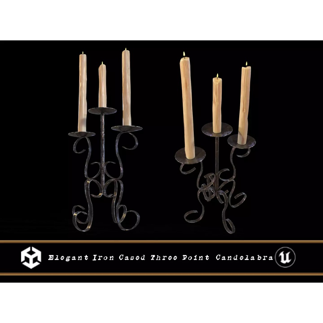 Elegant Iron Cased Three Point Candelabra 3D Model – Low Poly PBR Asset, FBX - View 2
