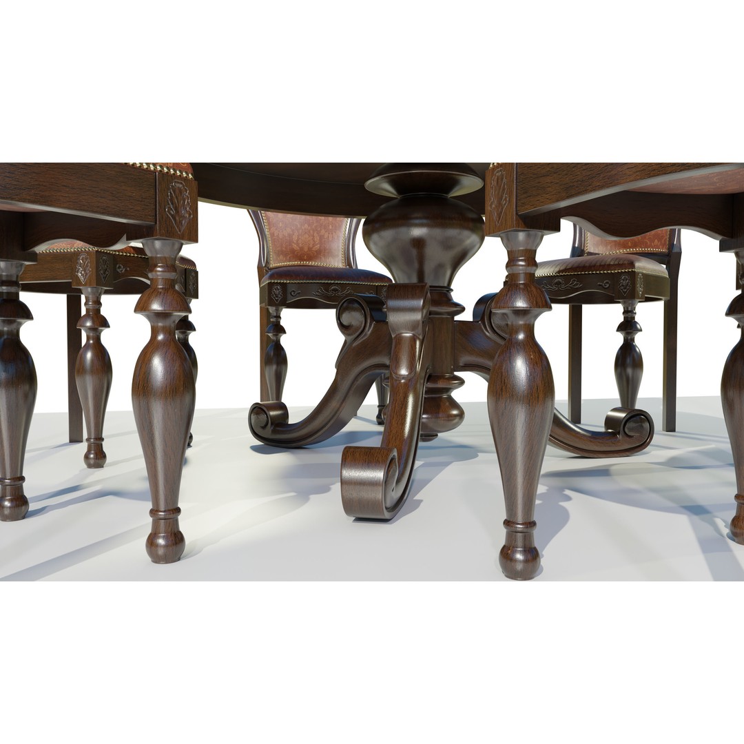 Classic Table 3D Model – Vintage Wooden Dining Set with PBR Textures - View 10