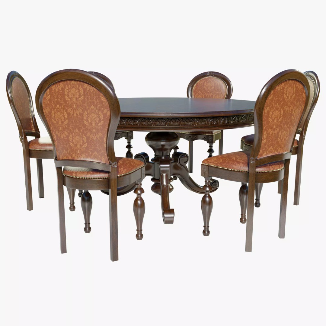 Classic Table 3D Model – Vintage Wooden Dining Set with PBR Textures - View 2