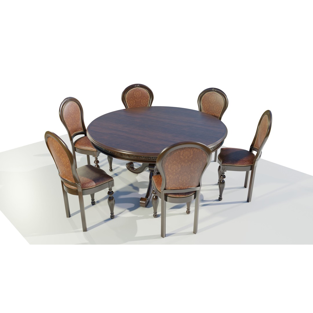 Classic Table 3D Model – Vintage Wooden Dining Set with PBR Textures - View 3