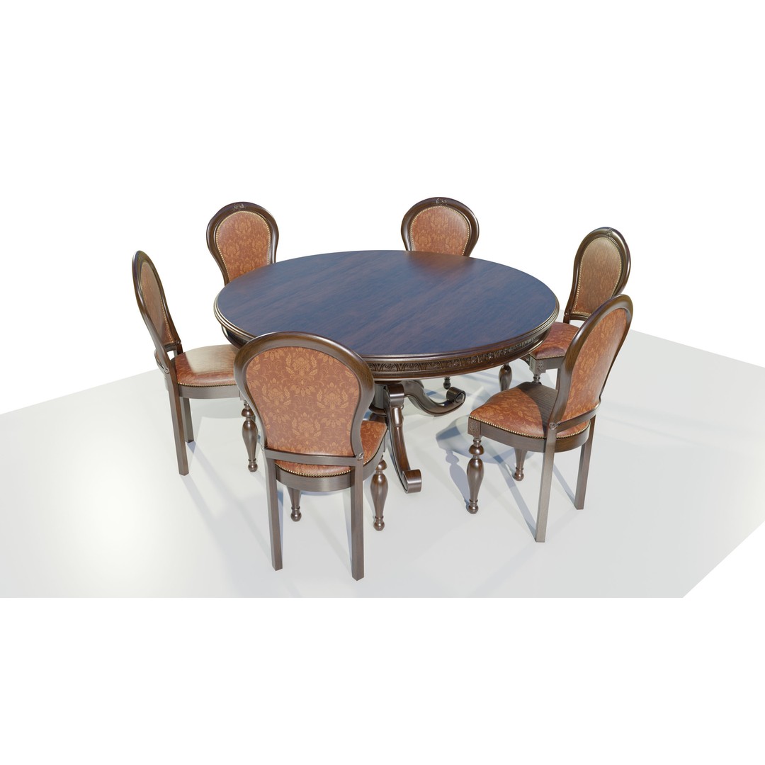 Classic Table 3D Model – Vintage Wooden Dining Set with PBR Textures - View 4