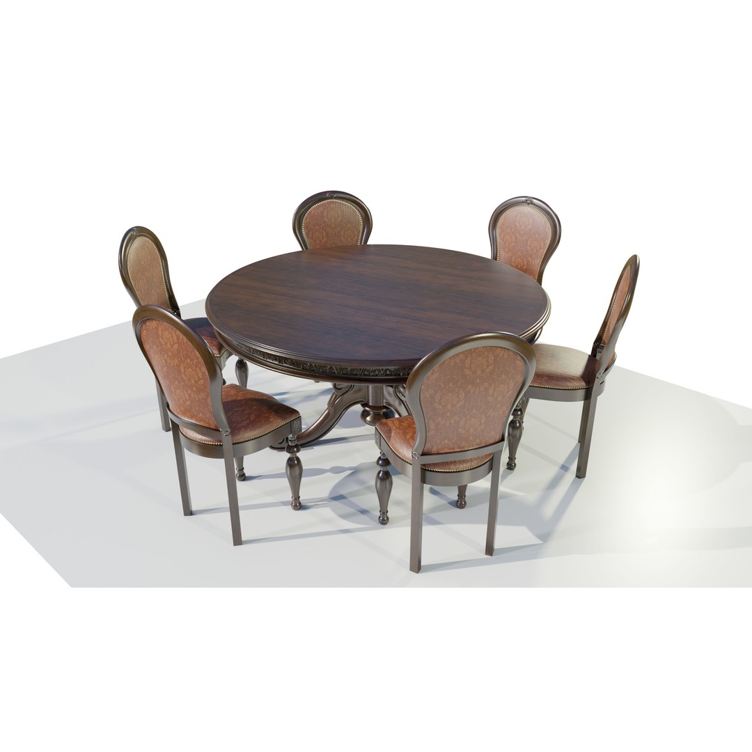 Classic Table 3D Model – Vintage Wooden Dining Set with PBR Textures - View 5