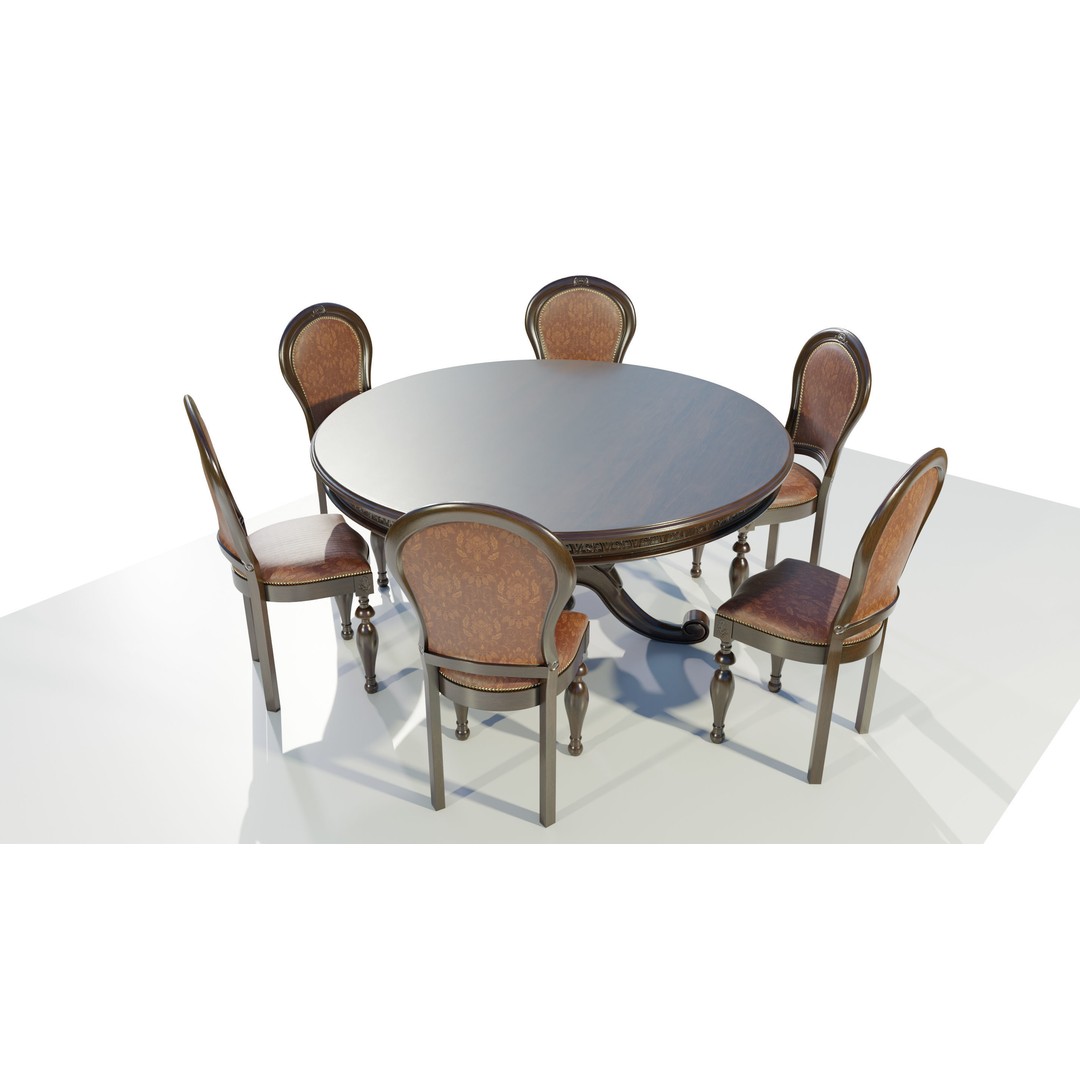 Classic Table 3D Model – Vintage Wooden Dining Set with PBR Textures - View 6