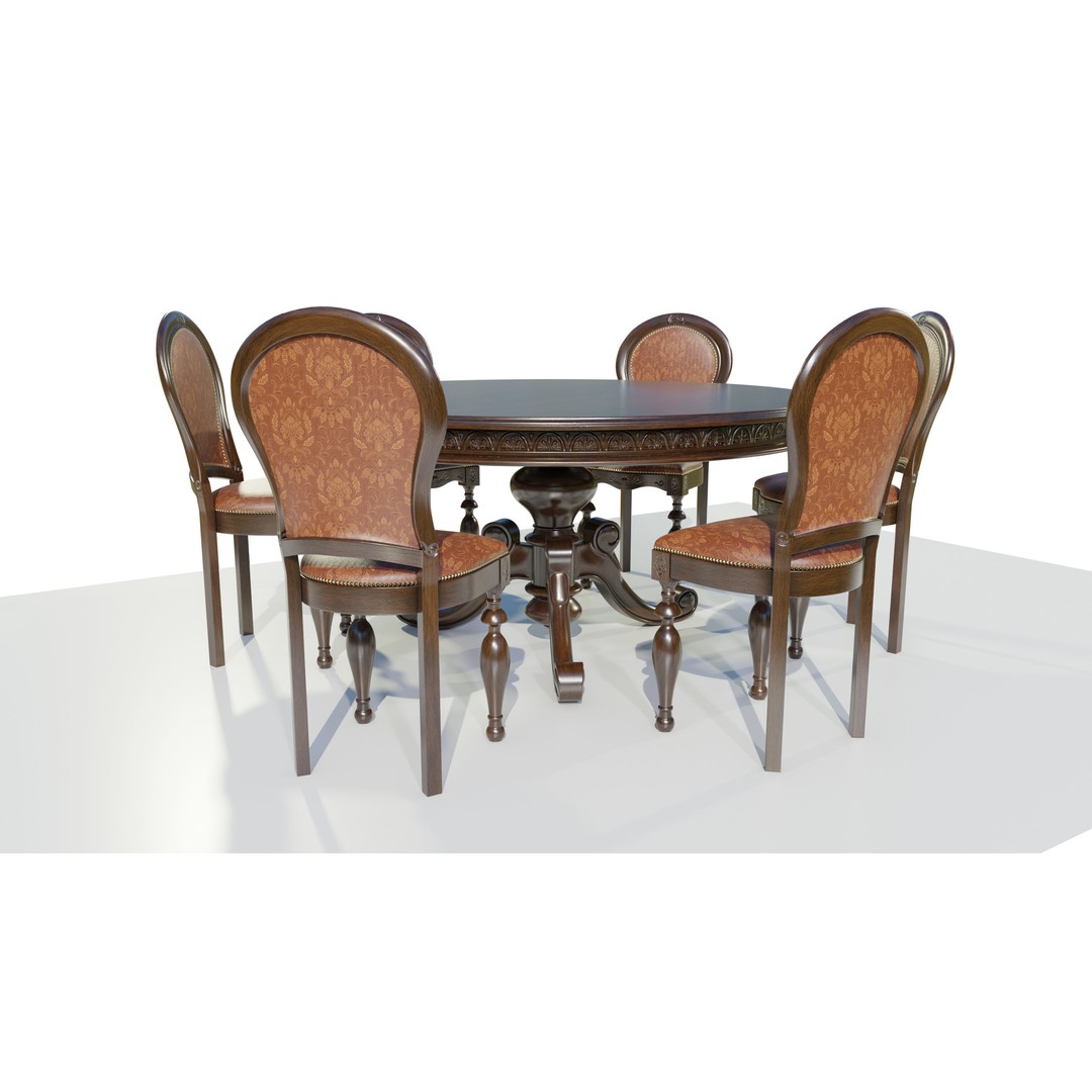 Classic Table 3D Model – Vintage Wooden Dining Set with PBR Textures - View 7