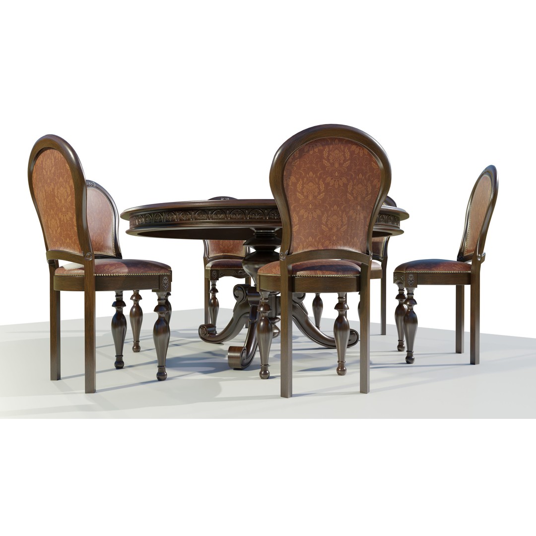 Classic Table 3D Model – Vintage Wooden Dining Set with PBR Textures - View 8
