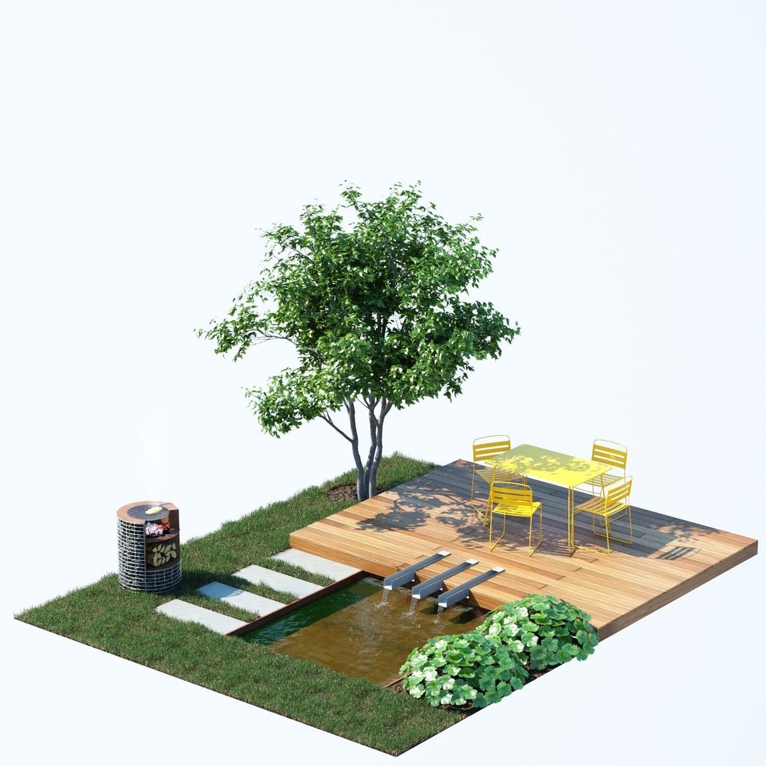 Patio Tree 3D Model – High Poly Acer Negundo with Outdoor Furniture
