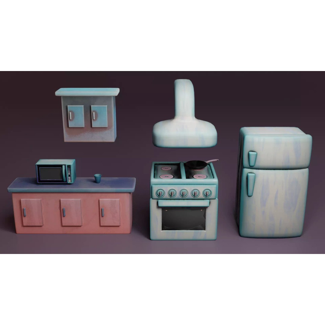 Stylized Kitchen 3D Model – Low Poly Game Asset, FBX, Blender - View 2