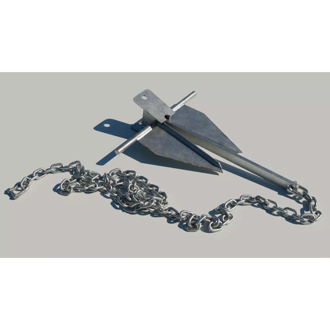 Danforth Anchor 3D Model – PBR Textured Set with Chain and Shackles - View 2