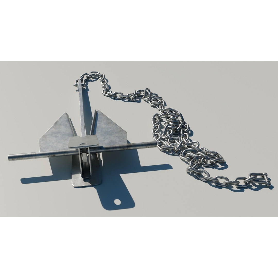 Danforth Anchor 3D Model – PBR Textured Set with Chain and Shackles - View 3