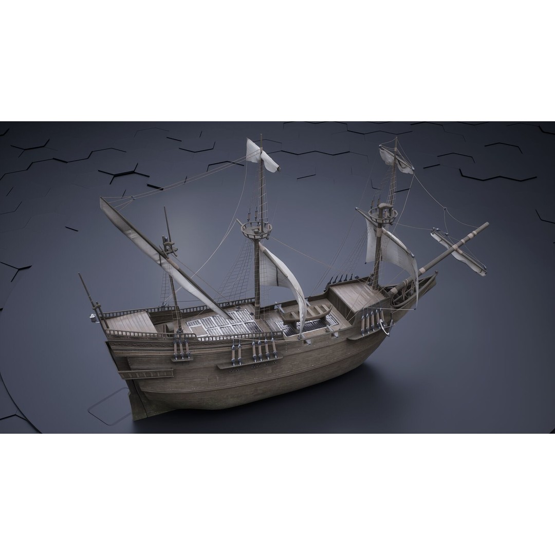 Sailing Ship 3D Model – Historic Rigged Watercraft, PBR Textures, FBX - View 3