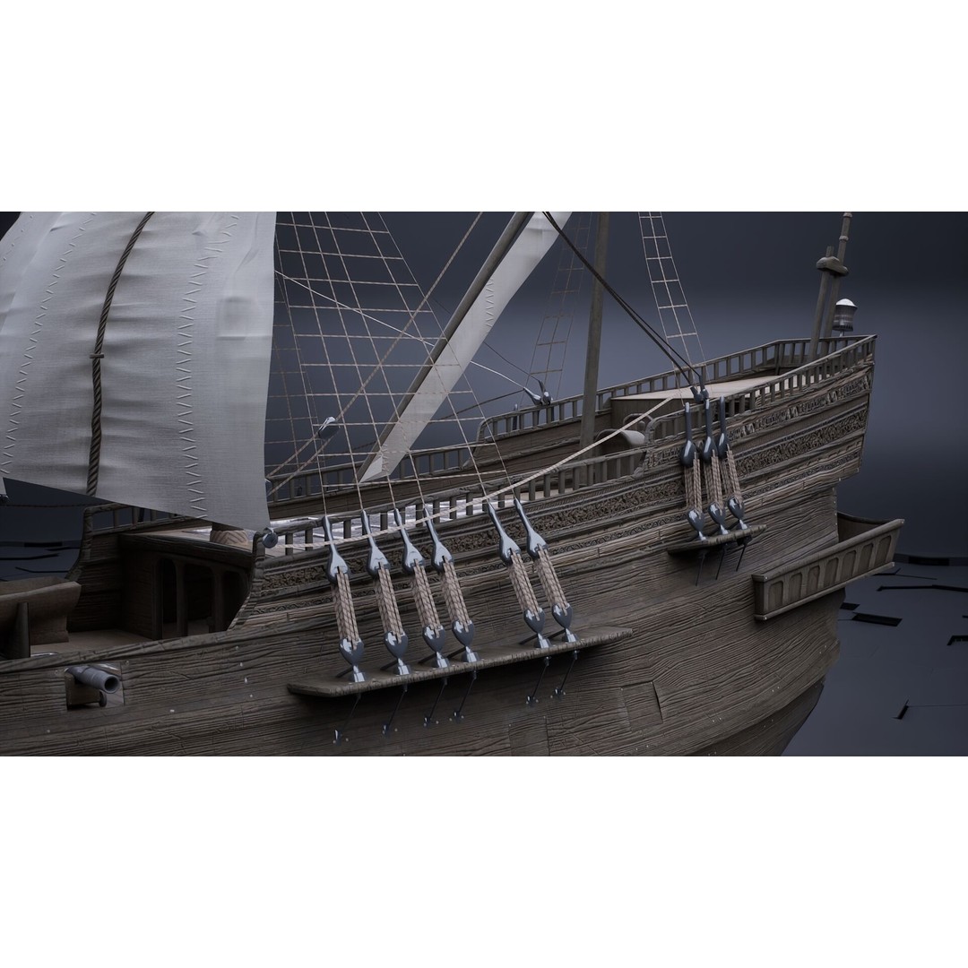 Sailing Ship 3D Model – Historic Rigged Watercraft, PBR Textures, FBX - View 7