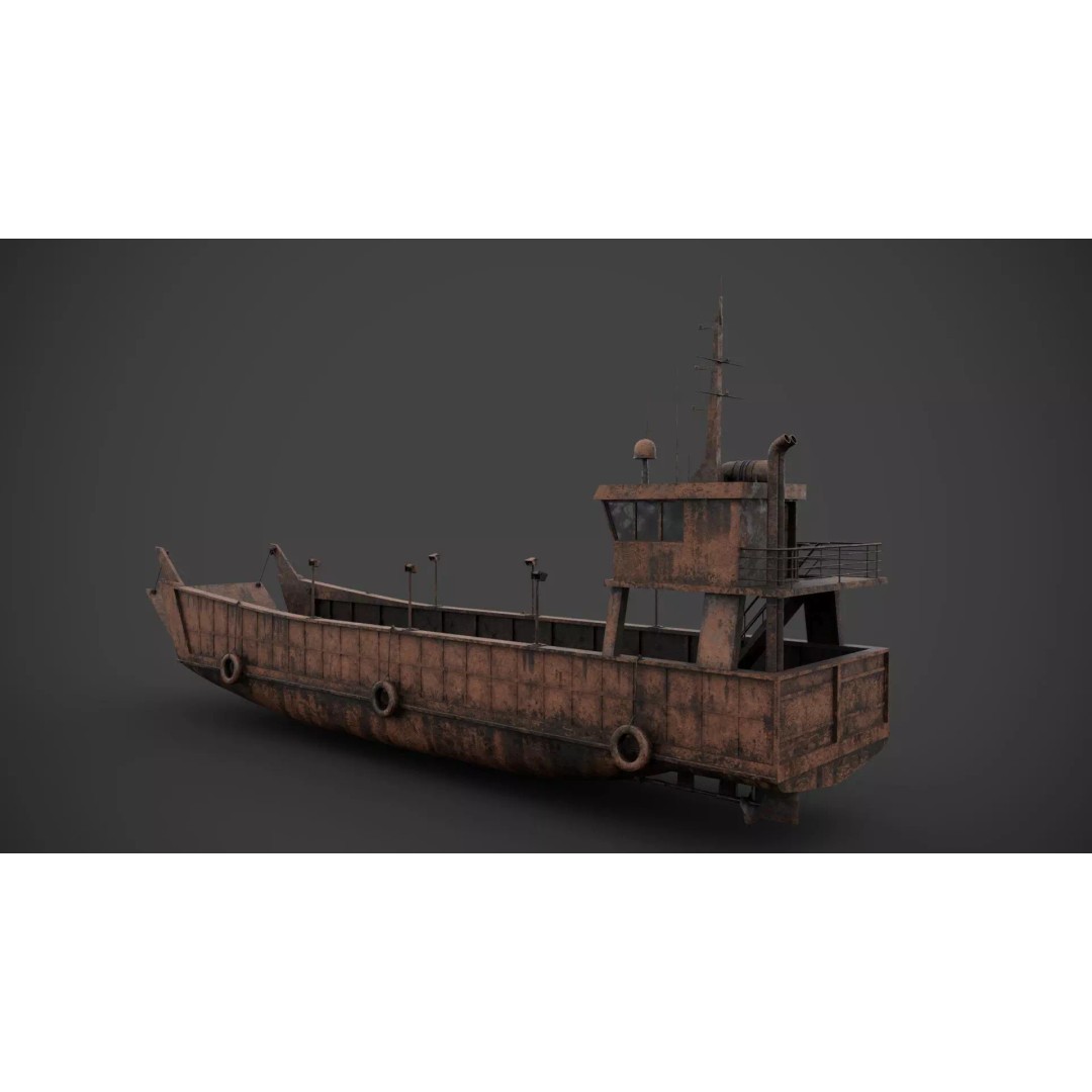 Small Car Ferry 3D Model – Low Poly Industrial Watercraft, FBX - View 10
