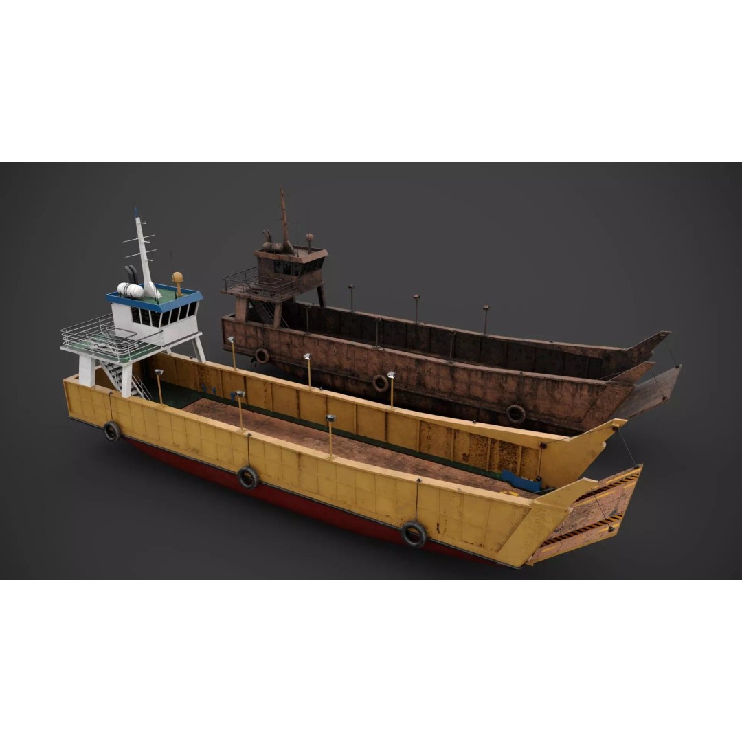 Small Car Ferry 3D Model – Low Poly Industrial Watercraft, FBX - View 2