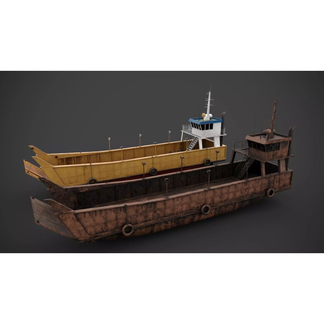 Small Car Ferry 3D Model – Low Poly Industrial Watercraft, FBX - View 3