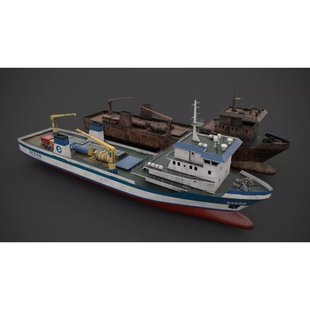 Offshore Supply Vessel 3D Model – Low Poly Industrial Watercraft, FBX - View 2