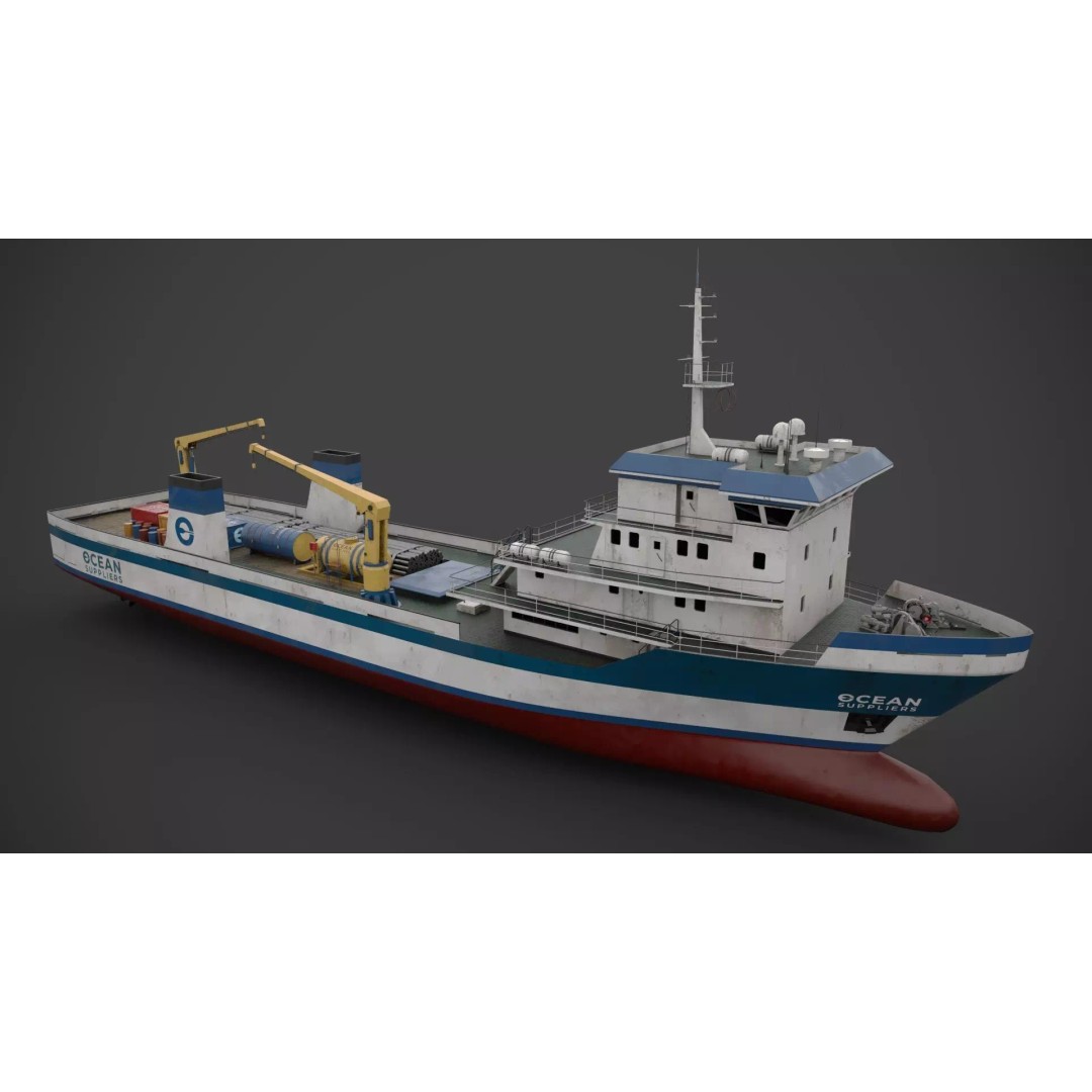 Offshore Supply Vessel 3D Model – Low Poly Industrial Watercraft, FBX - View 4