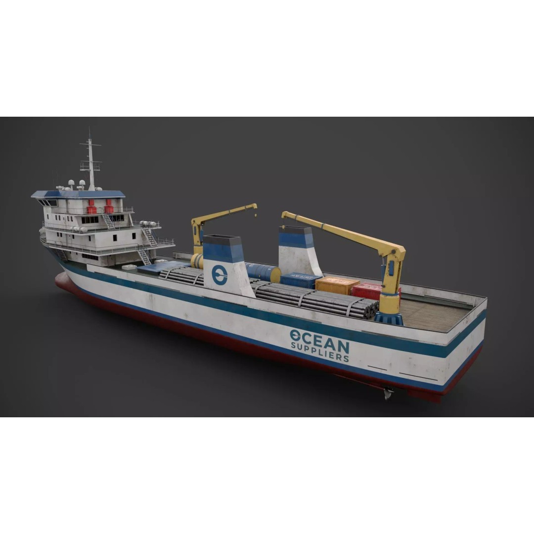 Offshore Supply Vessel 3D Model – Low Poly Industrial Watercraft, FBX - View 6
