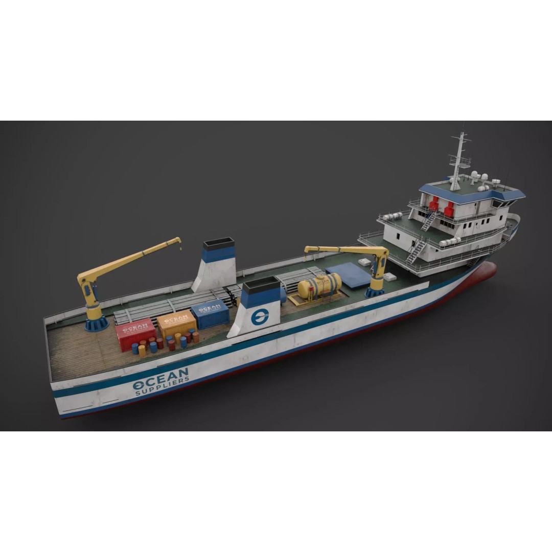 Offshore Supply Vessel 3D Model – Low Poly Industrial Watercraft, FBX - View 7