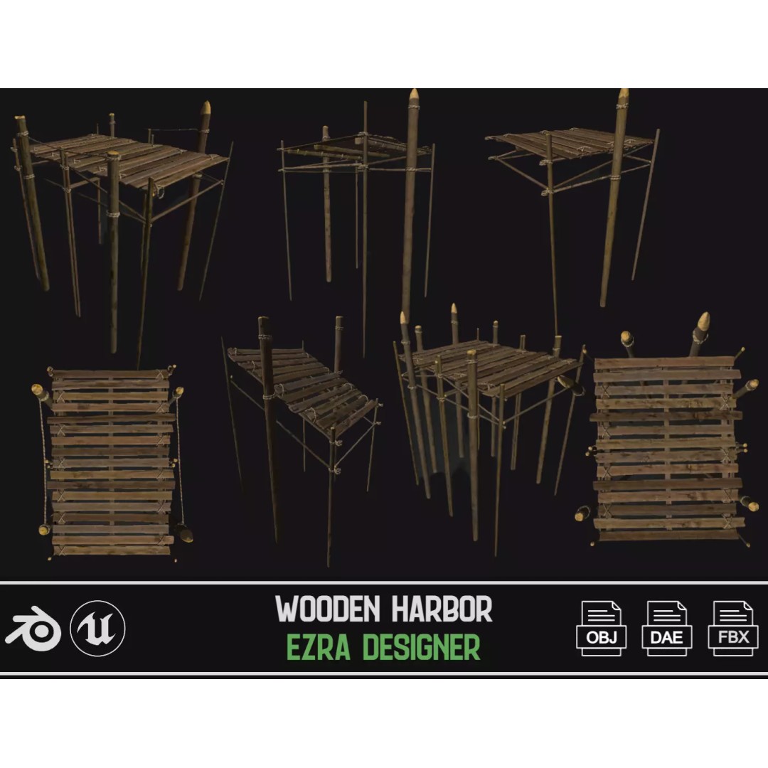 Wooden Harbor 3D Model – Low Poly Nautical Asset, FBX - View 2