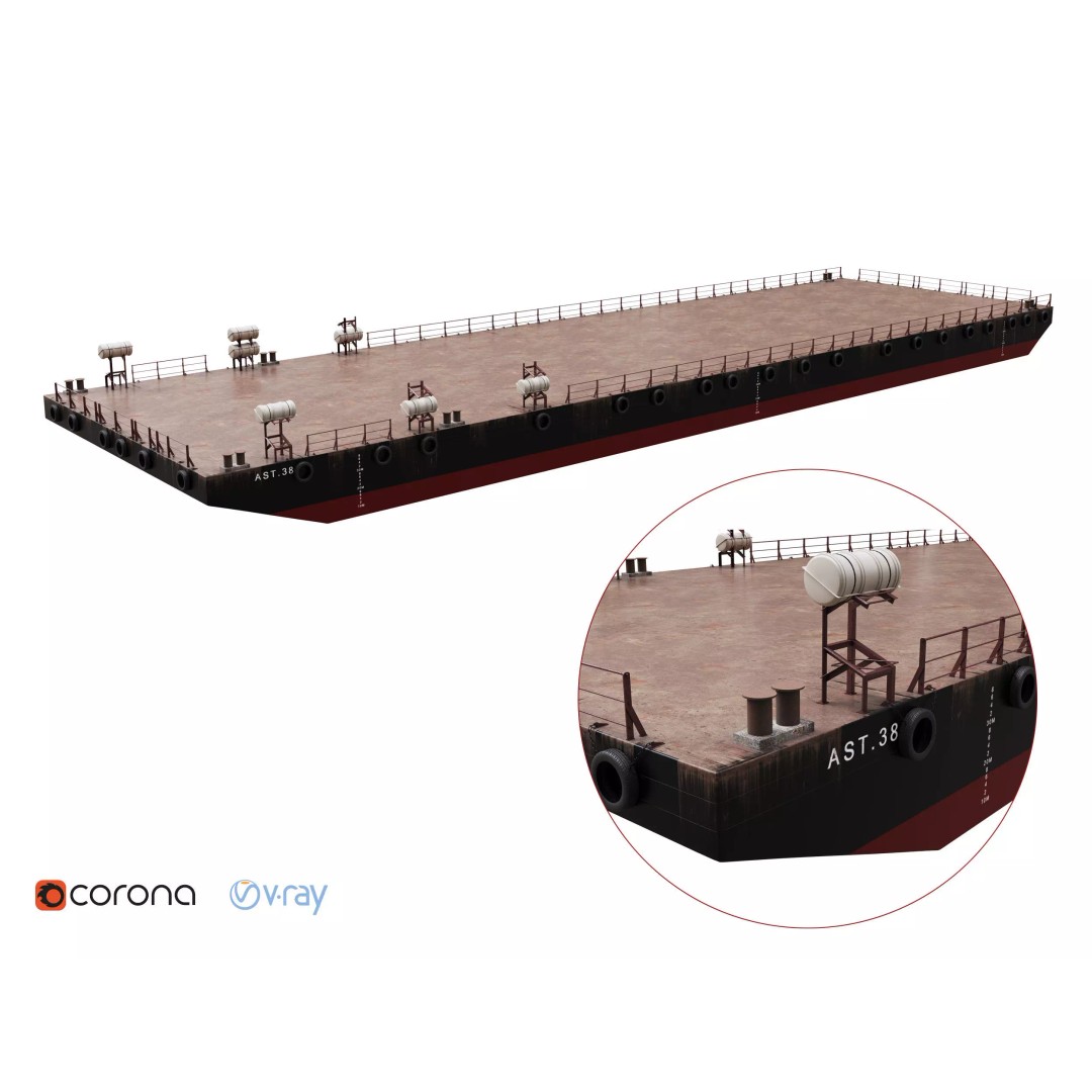 Flat Top Barge 3D Model – High-Detail Industrial Vehicle, FBX, OBJ - View 2