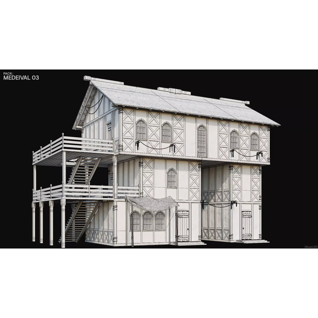 Medieval House 3D Model – Low Poly Historic Building with Interiors, FBX