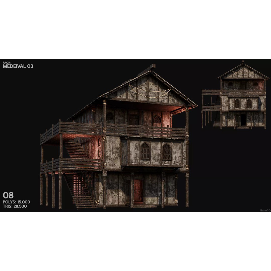 Medieval House 3D Model – Low Poly Historic Building with Interiors, FBX - View 10