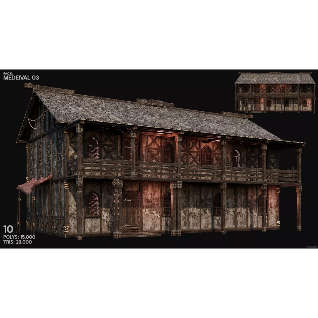 Medieval House 3D Model – Low Poly Historic Building with Interiors, FBX - View 12