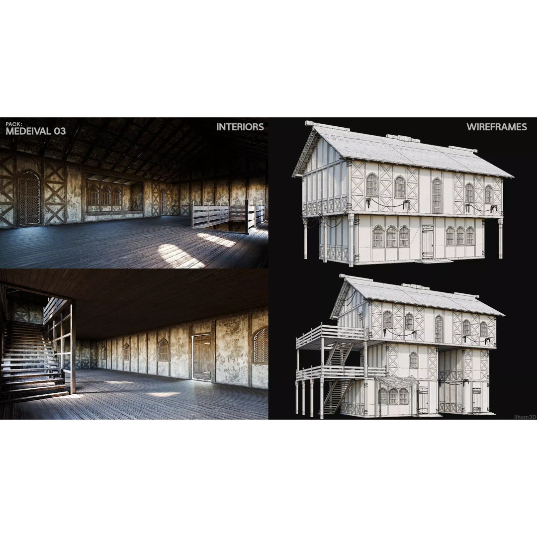 Medieval House 3D Model – Low Poly Historic Building with Interiors, FBX - View 13