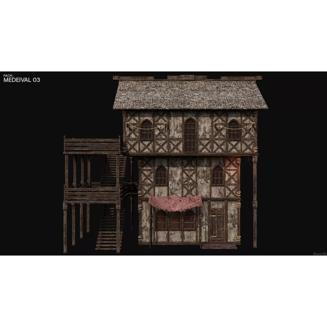 Medieval House 3D Model – Low Poly Historic Building with Interiors, FBX - View 16