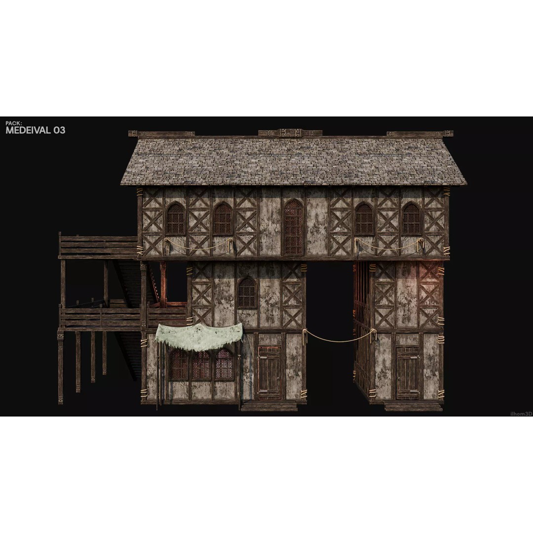 Medieval House 3D Model – Low Poly Historic Building with Interiors, FBX - View 17