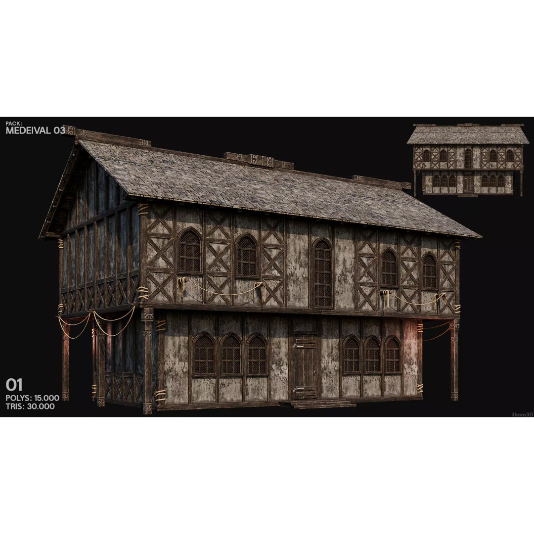 Medieval House 3D Model – Low Poly Historic Building with Interiors, FBX - View 3