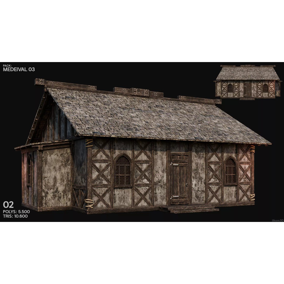 Medieval House 3D Model – Low Poly Historic Building with Interiors, FBX - View 4