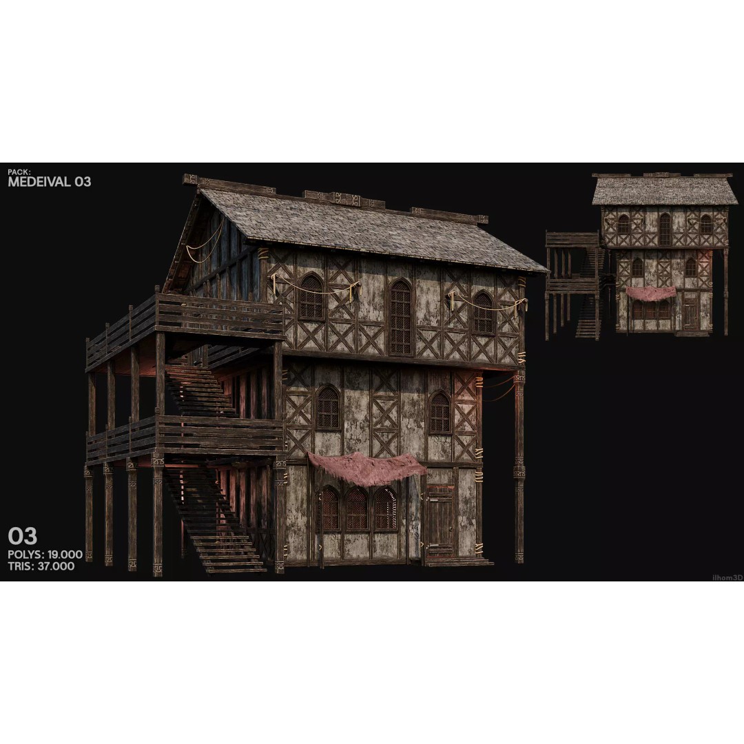 Medieval House 3D Model – Low Poly Historic Building with Interiors, FBX - View 5