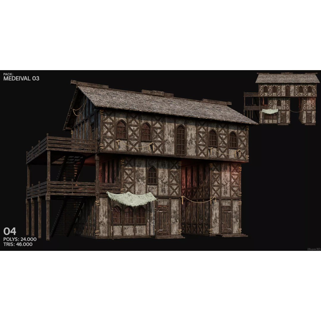 Medieval House 3D Model – Low Poly Historic Building with Interiors, FBX - View 6